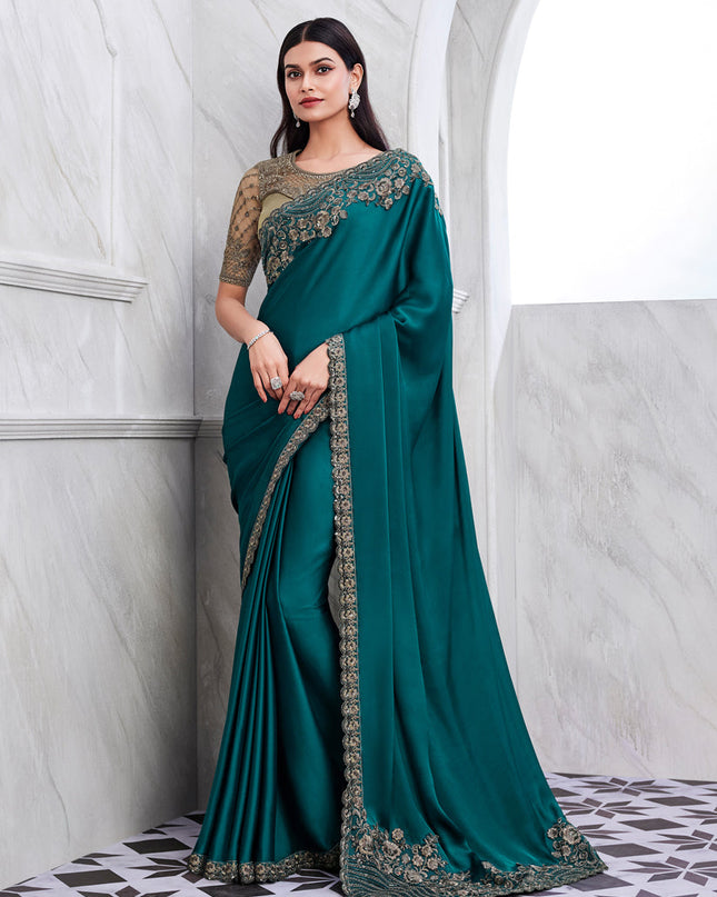 Teal Blue Silk Designer Saree with Embroidered Blouse