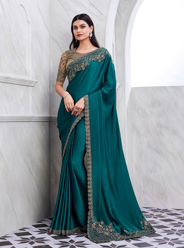 Teal Blue Silk Designer Saree with Embroidered Blouse