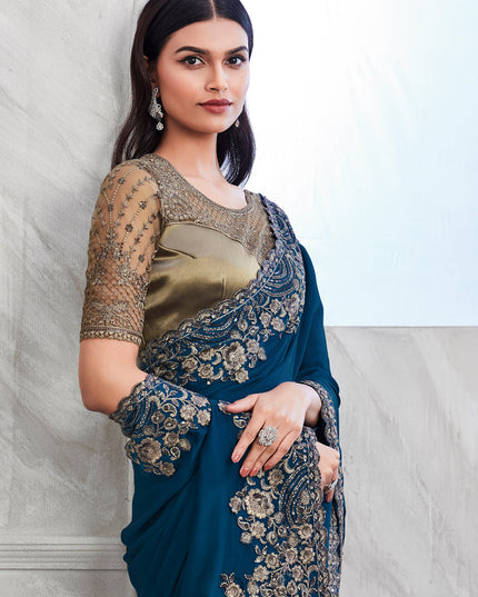 Prussian Blue Silk Designer Saree with Embroidered Blouse