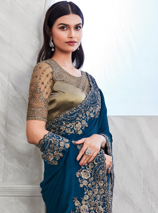 Prussian Blue Silk Designer Saree with Embroidered Blouse