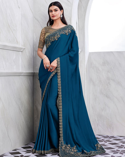 Prussian Blue Silk Designer Saree with Embroidered Blouse