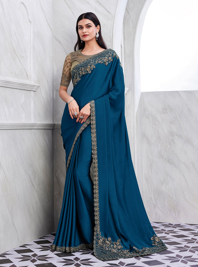 Prussian Blue Silk Designer Saree with Embroidered Blouse