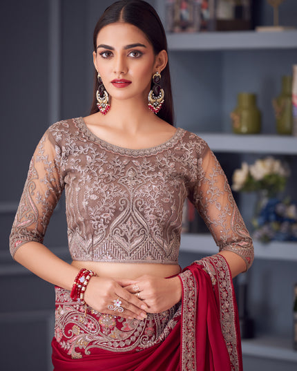 Vibrant Maroon Satin Silk Embroidered Designer Wedding Saree