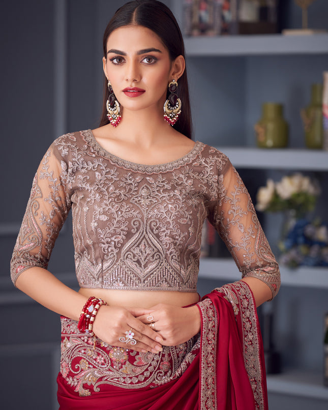 Vibrant Maroon Satin Silk Embroidered Designer Wedding Saree