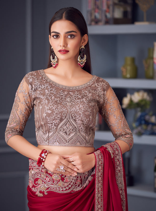 Vibrant Maroon Satin Silk Embroidered Designer Wedding Saree