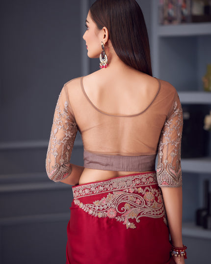 Vibrant Maroon Satin Silk Embroidered Designer Wedding Saree