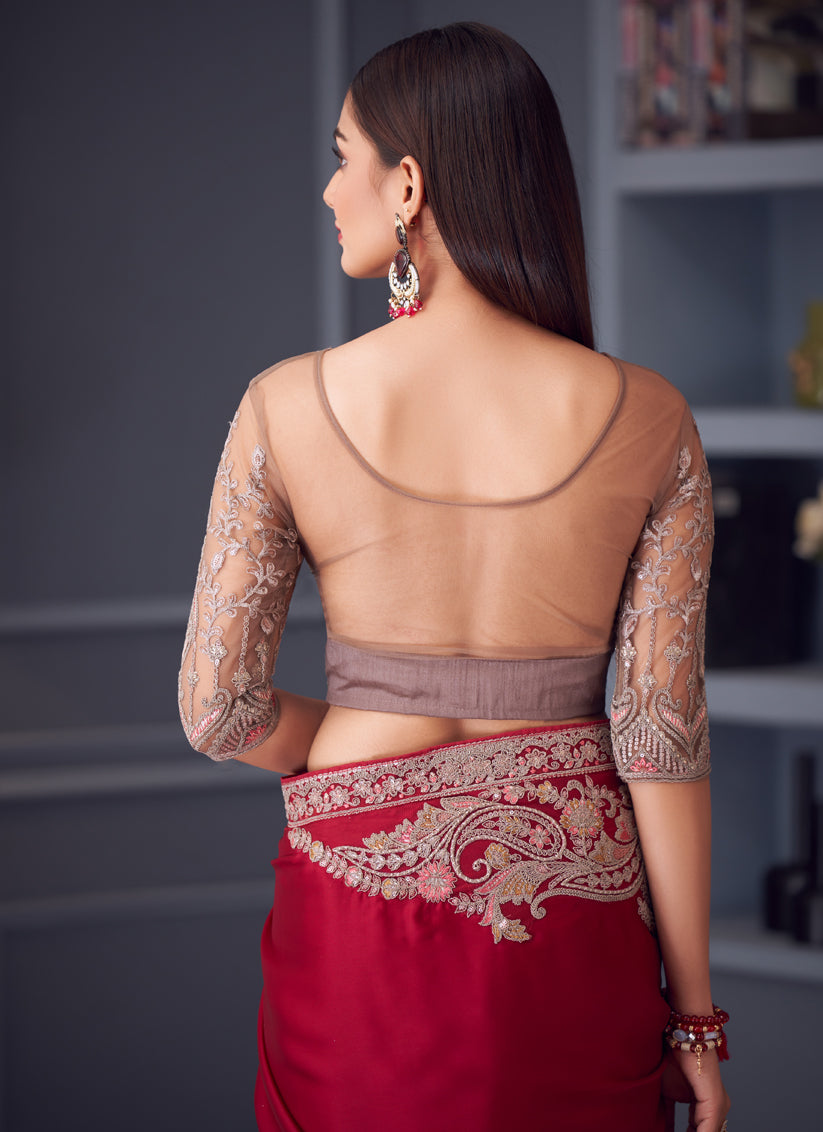 Vibrant Maroon Satin Silk Embroidered Designer Wedding Saree