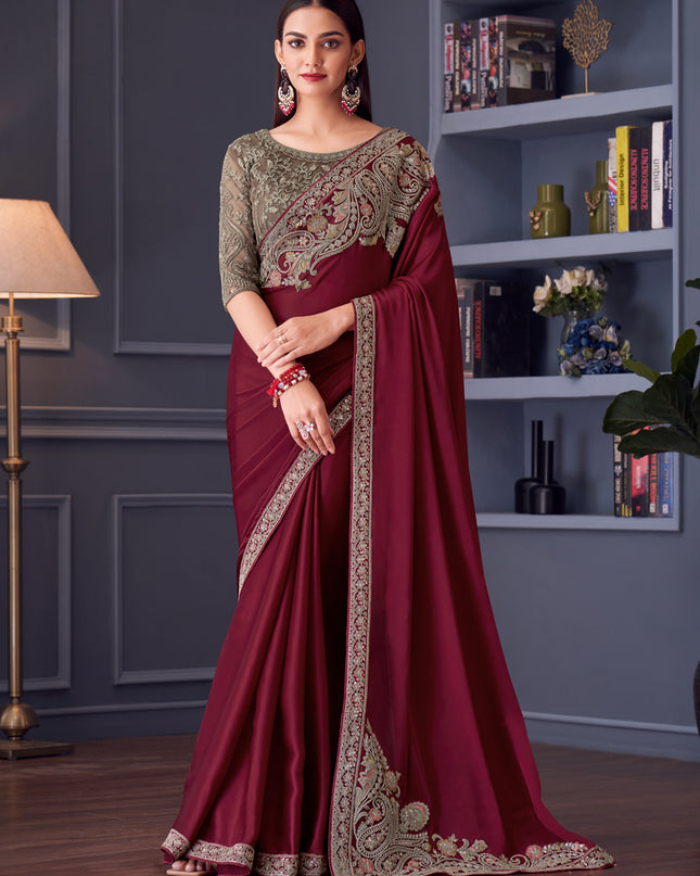 Vibrant Maroon Satin Silk Embroidered Designer Wedding Saree
