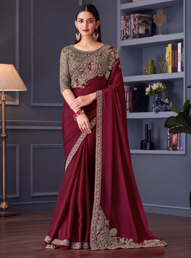 Vibrant Maroon Satin Silk Embroidered Designer Wedding Saree