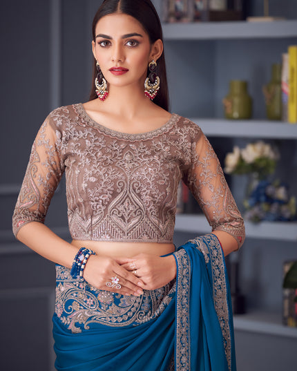 Sleek Peacock Blue Satin Silk Embroidered Designer Wedding Saree