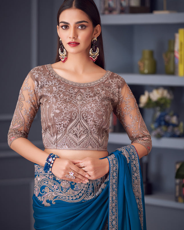 Sleek Peacock Blue Satin Silk Embroidered Designer Wedding Saree