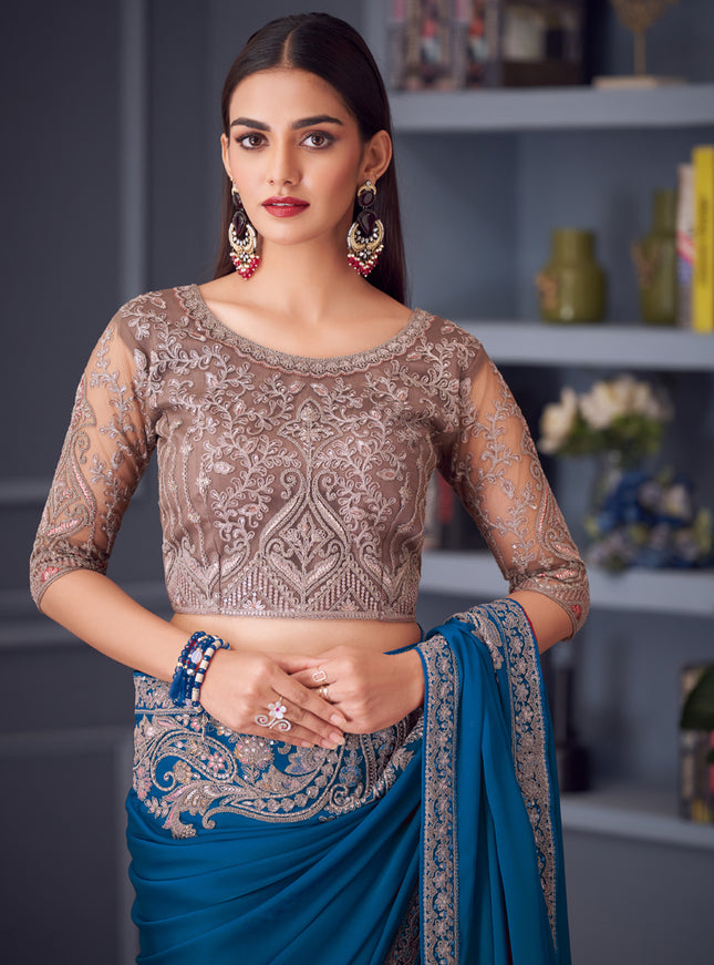 Sleek Peacock Blue Satin Silk Embroidered Designer Wedding Saree