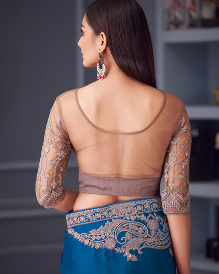 Sleek Peacock Blue Satin Silk Embroidered Designer Wedding Saree