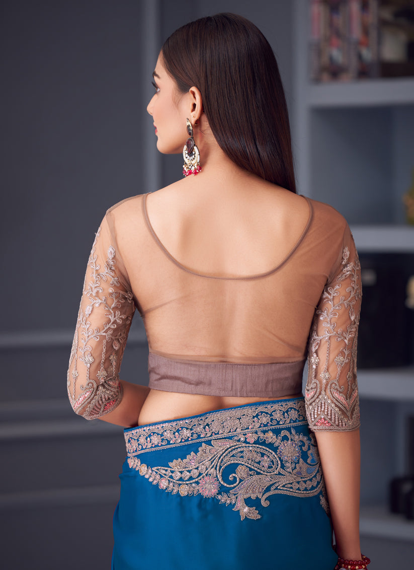 Sleek Peacock Blue Satin Silk Embroidered Designer Wedding Saree