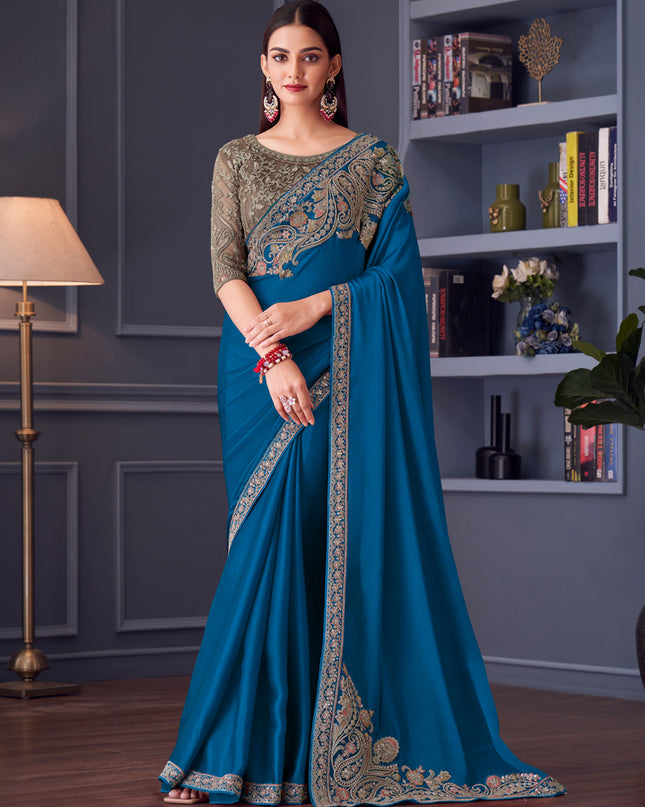 Sleek Peacock Blue Satin Silk Embroidered Designer Wedding Saree