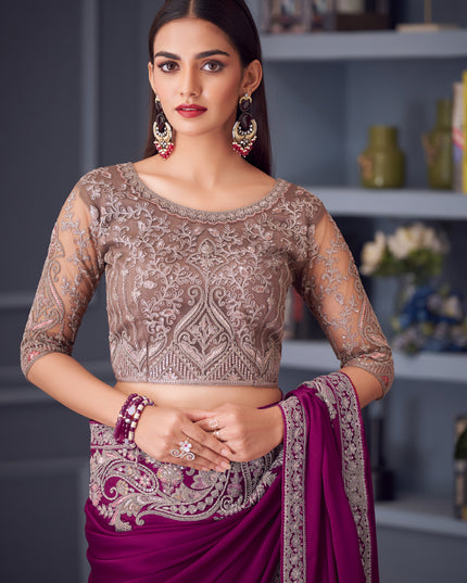 Opulent Wine Satin Silk Embroidered Designer Wedding Saree