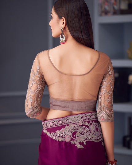 Opulent Wine Satin Silk Embroidered Designer Wedding Saree