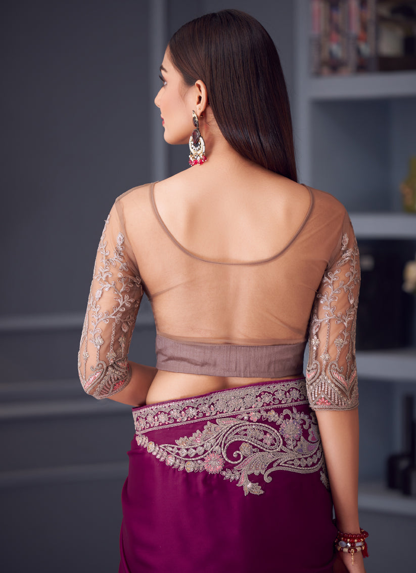 Opulent Wine Satin Silk Embroidered Designer Wedding Saree