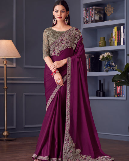 Opulent Wine Satin Silk Embroidered Designer Wedding Saree