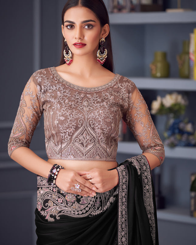 Fashionable Black Satin Silk Embroidered Designer Wedding Saree