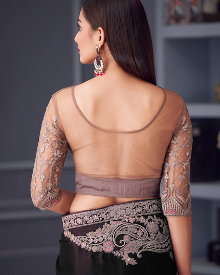 Fashionable Black Satin Silk Embroidered Designer Wedding Saree