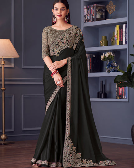 Fashionable Black Satin Silk Embroidered Designer Wedding Saree