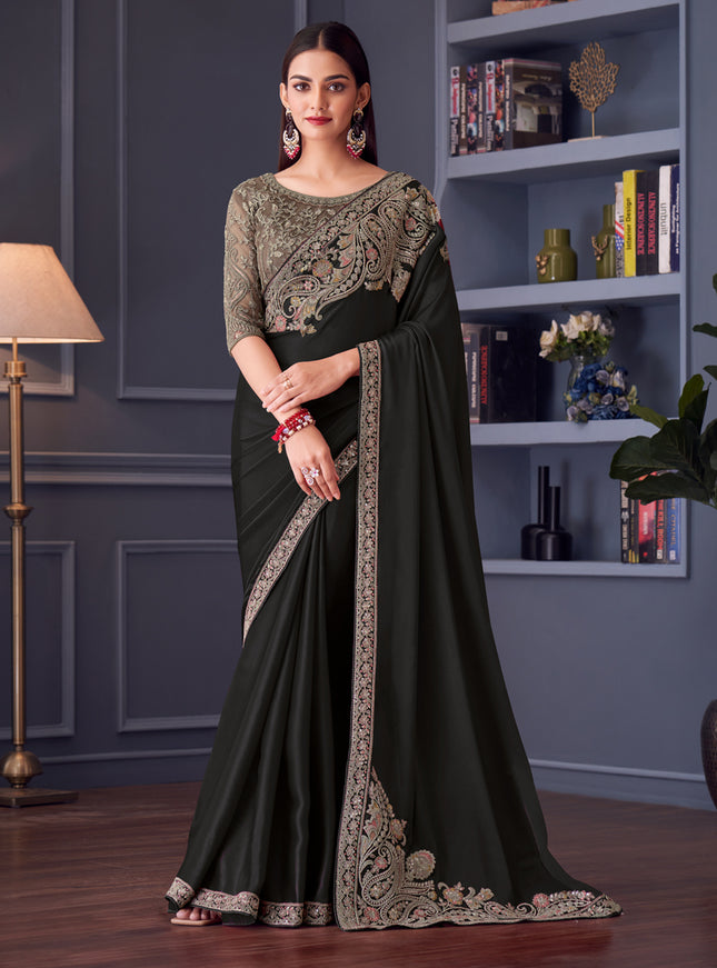Fashionable Black Satin Silk Embroidered Designer Wedding Saree