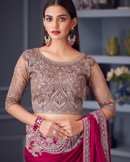 Dashing Raspberry Pink Satin Silk Embroidered Designer Wedding Saree