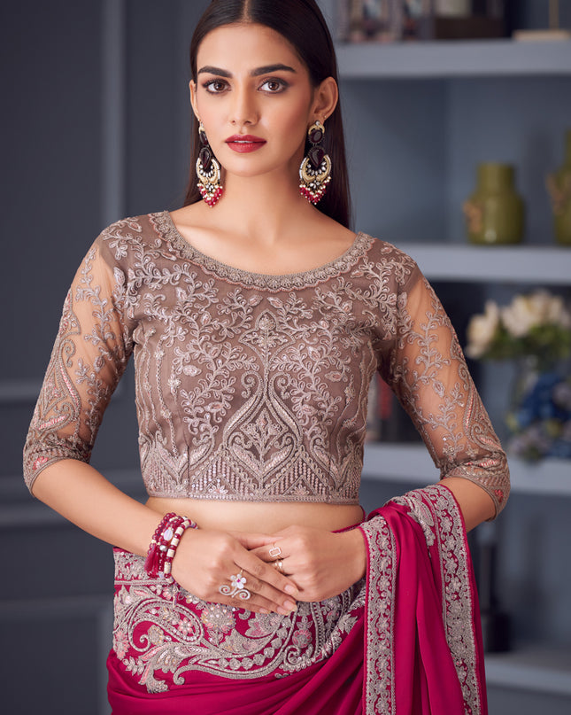 Dashing Raspberry Pink Satin Silk Embroidered Designer Wedding Saree