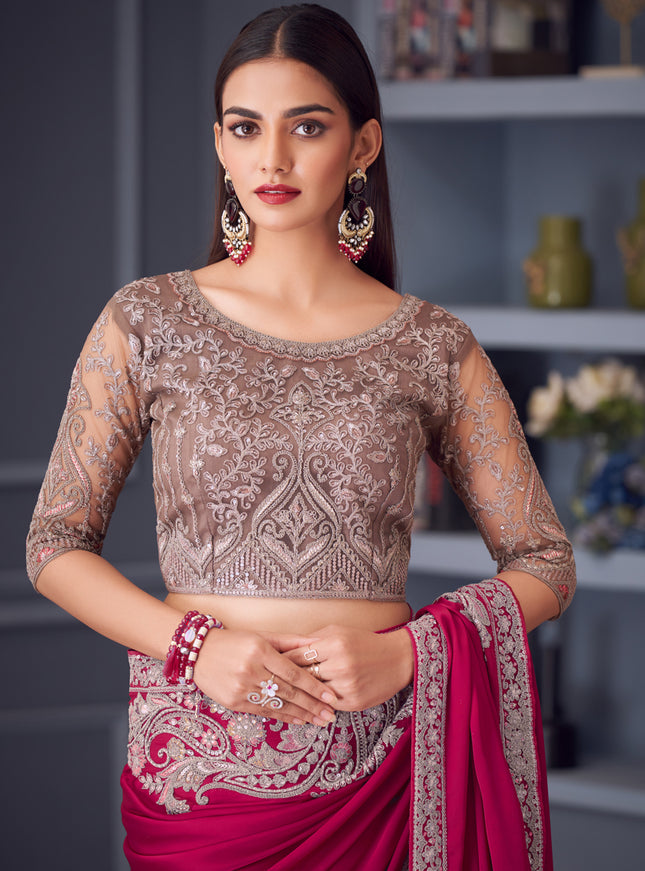 Dashing Raspberry Pink Satin Silk Embroidered Designer Wedding Saree