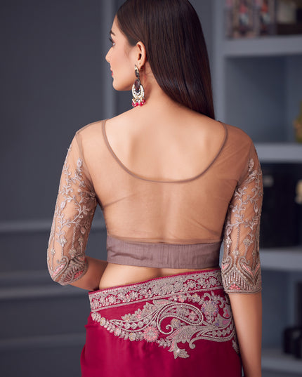 Dashing Raspberry Pink Satin Silk Embroidered Designer Wedding Saree