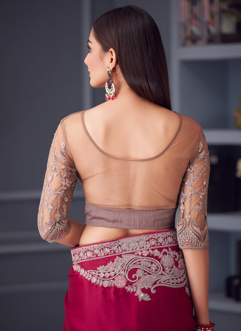 Dashing Raspberry Pink Satin Silk Embroidered Designer Wedding Saree