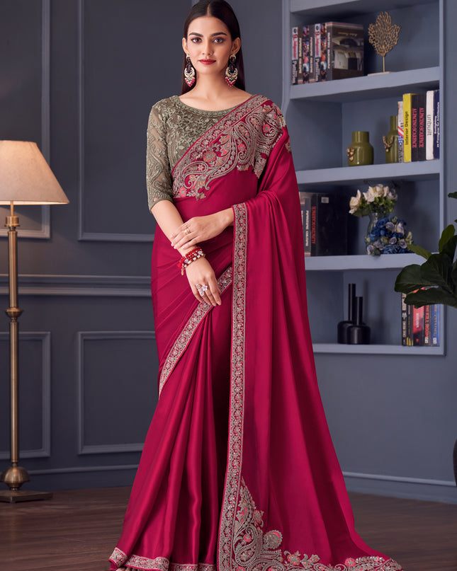 Dashing Raspberry Pink Satin Silk Embroidered Designer Wedding Saree