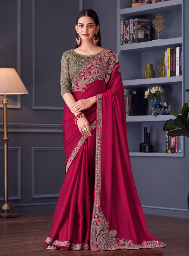 Dashing Raspberry Pink Satin Silk Embroidered Designer Wedding Saree