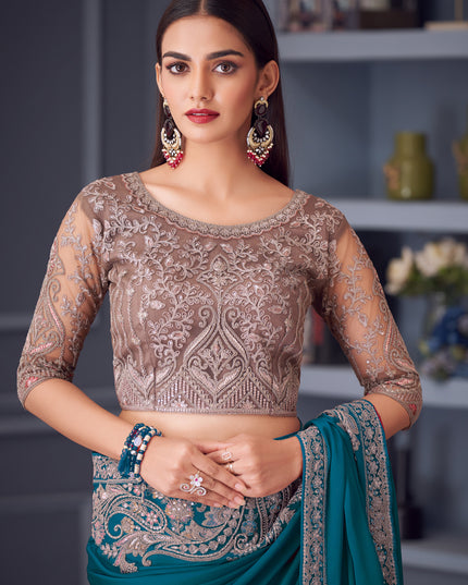 Voguish Morpich Satin Silk Embroidered Designer Wedding Saree