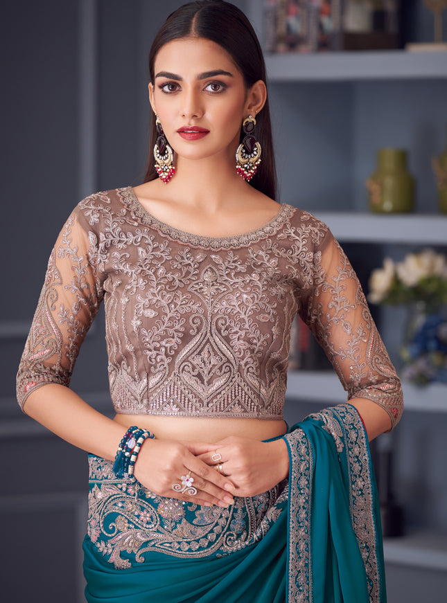 Voguish Morpich Satin Silk Embroidered Designer Wedding Saree