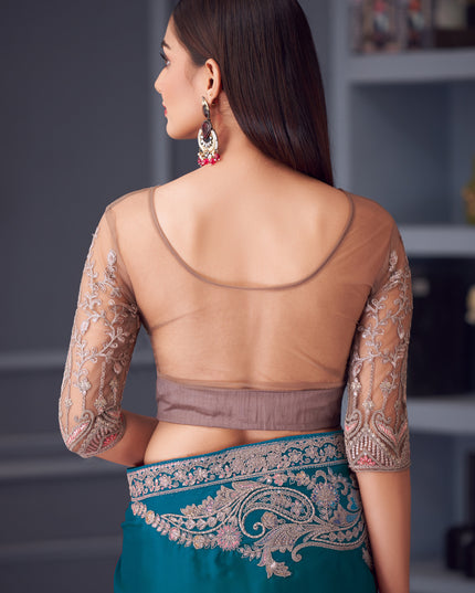 Voguish Morpich Satin Silk Embroidered Designer Wedding Saree