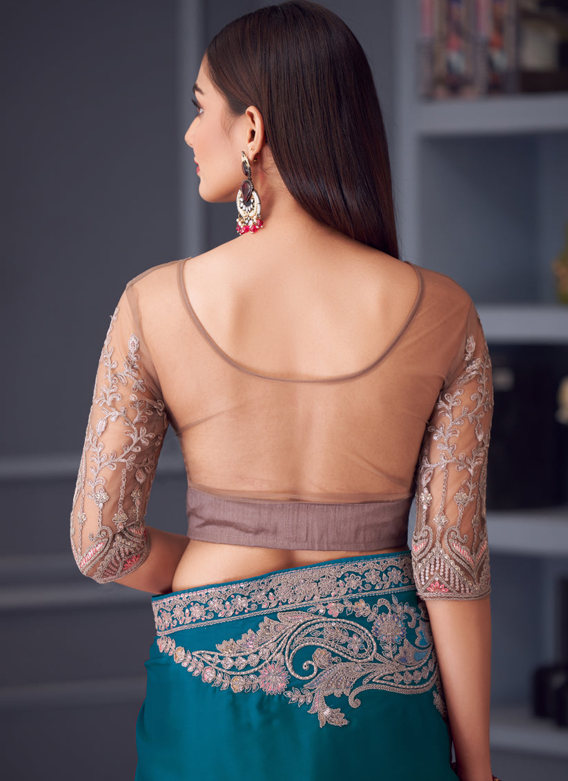 Voguish Morpich Satin Silk Embroidered Designer Wedding Saree