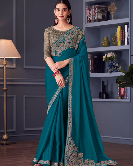 Voguish Morpich Satin Silk Embroidered Designer Wedding Saree