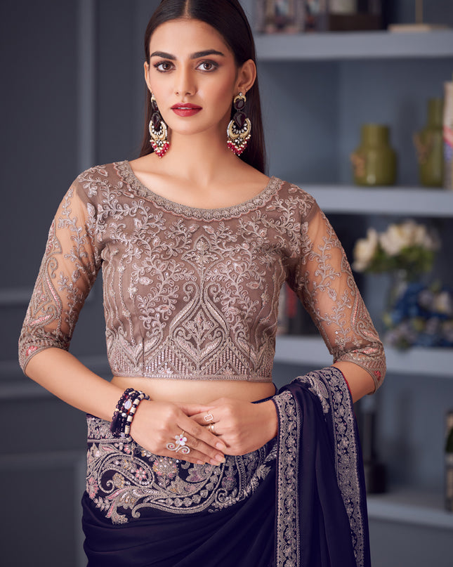 Trendsetting Eggplant Satin Silk Embroidered Designer Wedding Saree