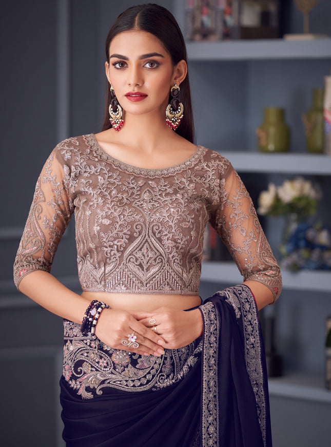 Trendsetting Eggplant Satin Silk Embroidered Designer Wedding Saree