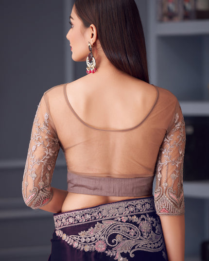 Trendsetting Eggplant Satin Silk Embroidered Designer Wedding Saree