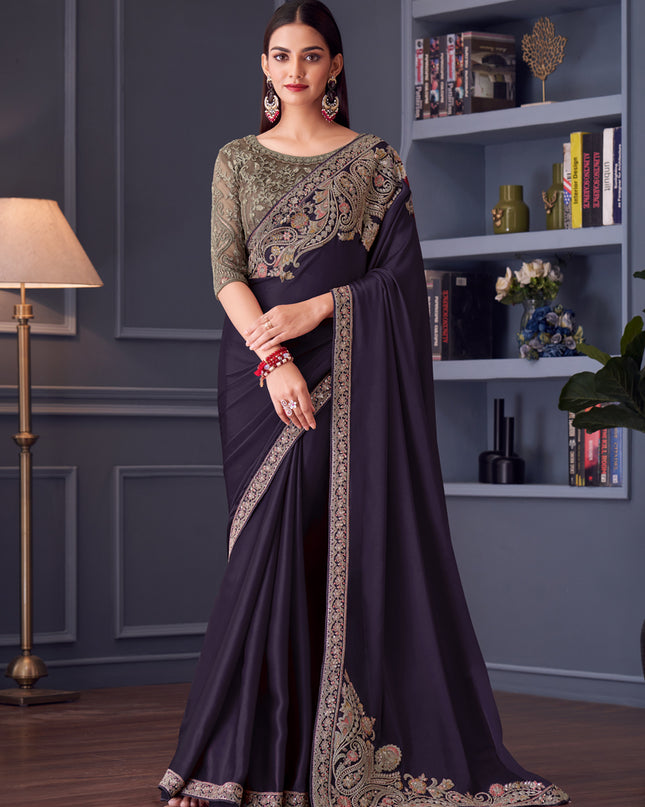 Trendsetting Eggplant Satin Silk Embroidered Designer Wedding Saree