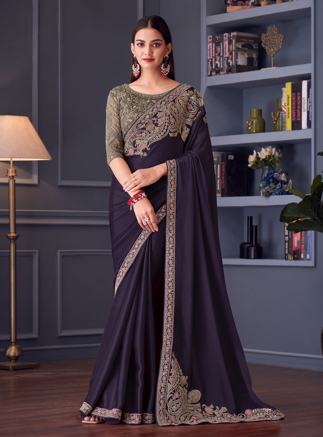 Trendsetting Eggplant Satin Silk Embroidered Designer Wedding Saree