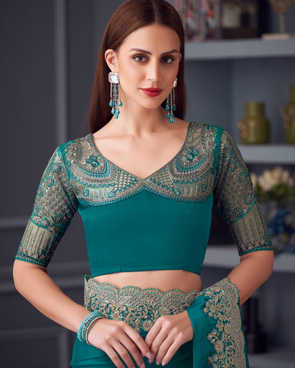 Immaculate Firozi Silk Chiffon Embroidered Designer Wedding Saree