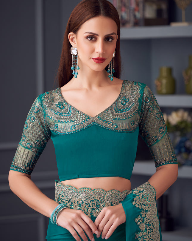 Immaculate Firozi Silk Chiffon Embroidered Designer Wedding Saree