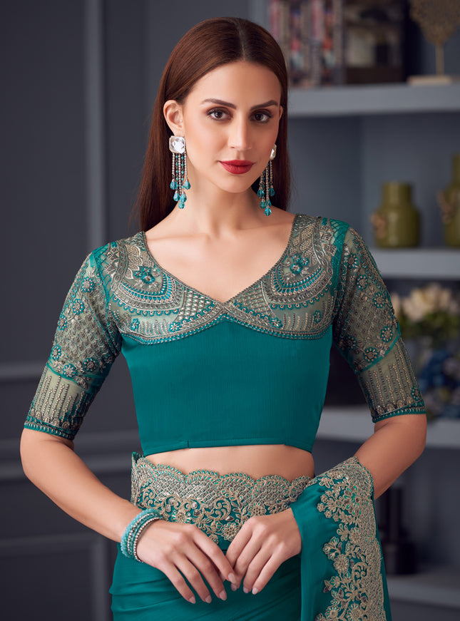 Immaculate Firozi Silk Chiffon Embroidered Designer Wedding Saree