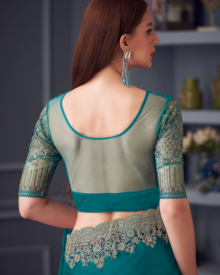 Immaculate Firozi Silk Chiffon Embroidered Designer Wedding Saree