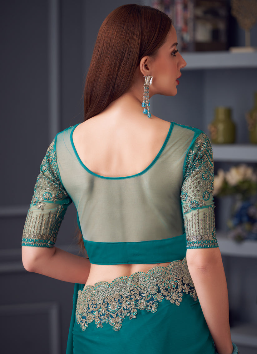 Immaculate Firozi Silk Chiffon Embroidered Designer Wedding Saree
