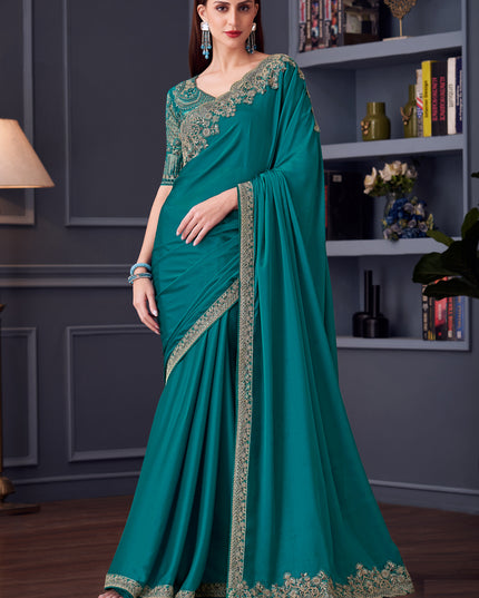 Immaculate Firozi Silk Chiffon Embroidered Designer Wedding Saree